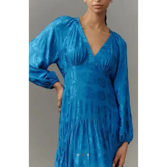 NWT FARM RIO Long-Sleeve Blue V-Neck Jacquard Maxi Dress Size Medium - Picture 2 of 3